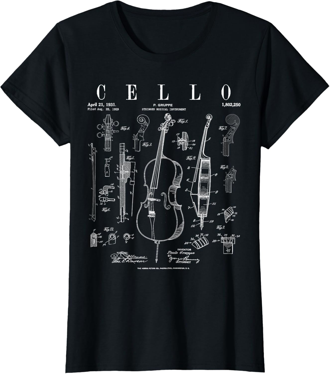 Cello Vintage Patent Cellist Drawing Print T-Shirt
