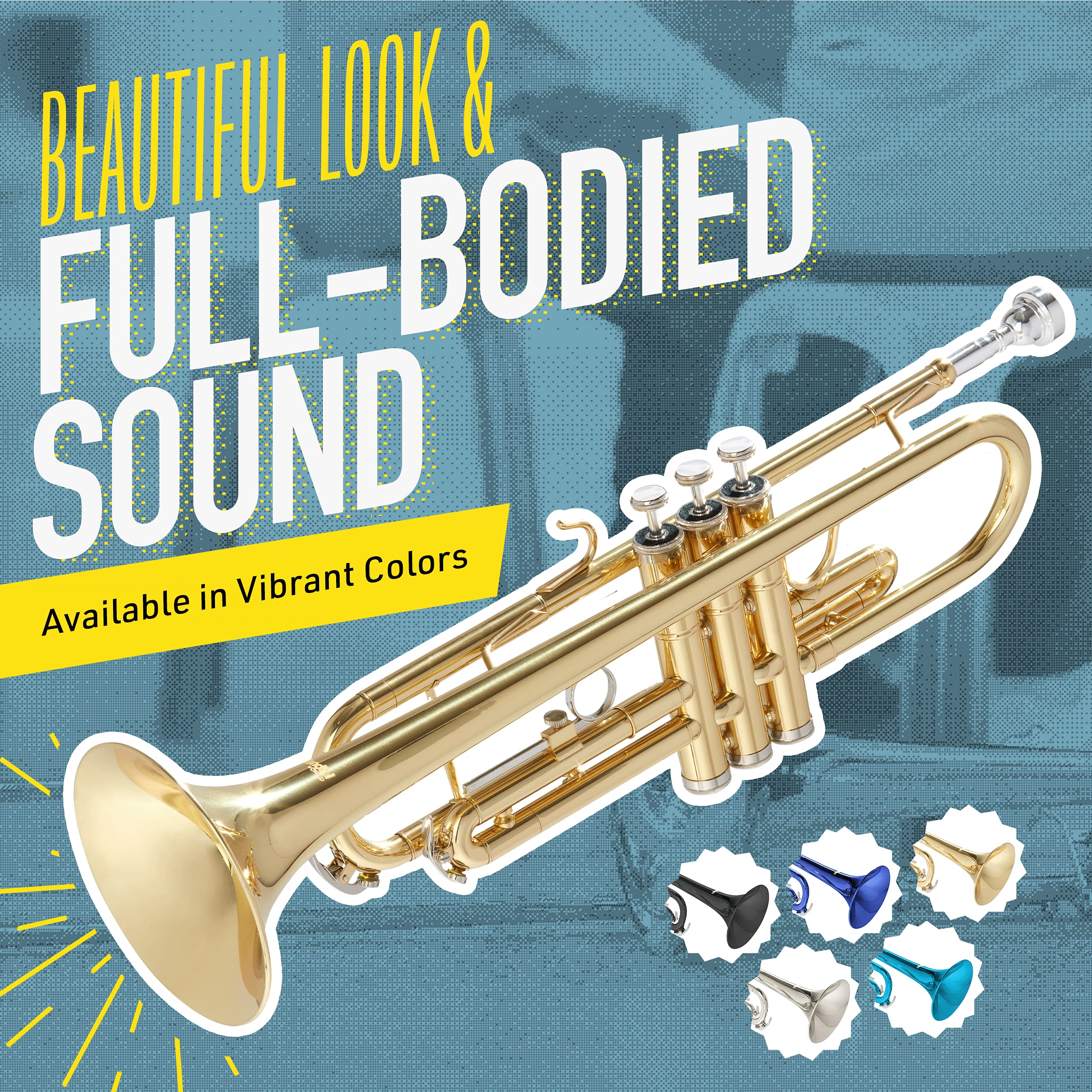 Mendini By Cecilio Bb Standard Trumpet Set for Beginners - Brass Trumpet Instrument with Hard Case, 7C Mouthpiece, Valve Oil, Cleaning Cloth, Maintenance kit and Gloves (Gold)