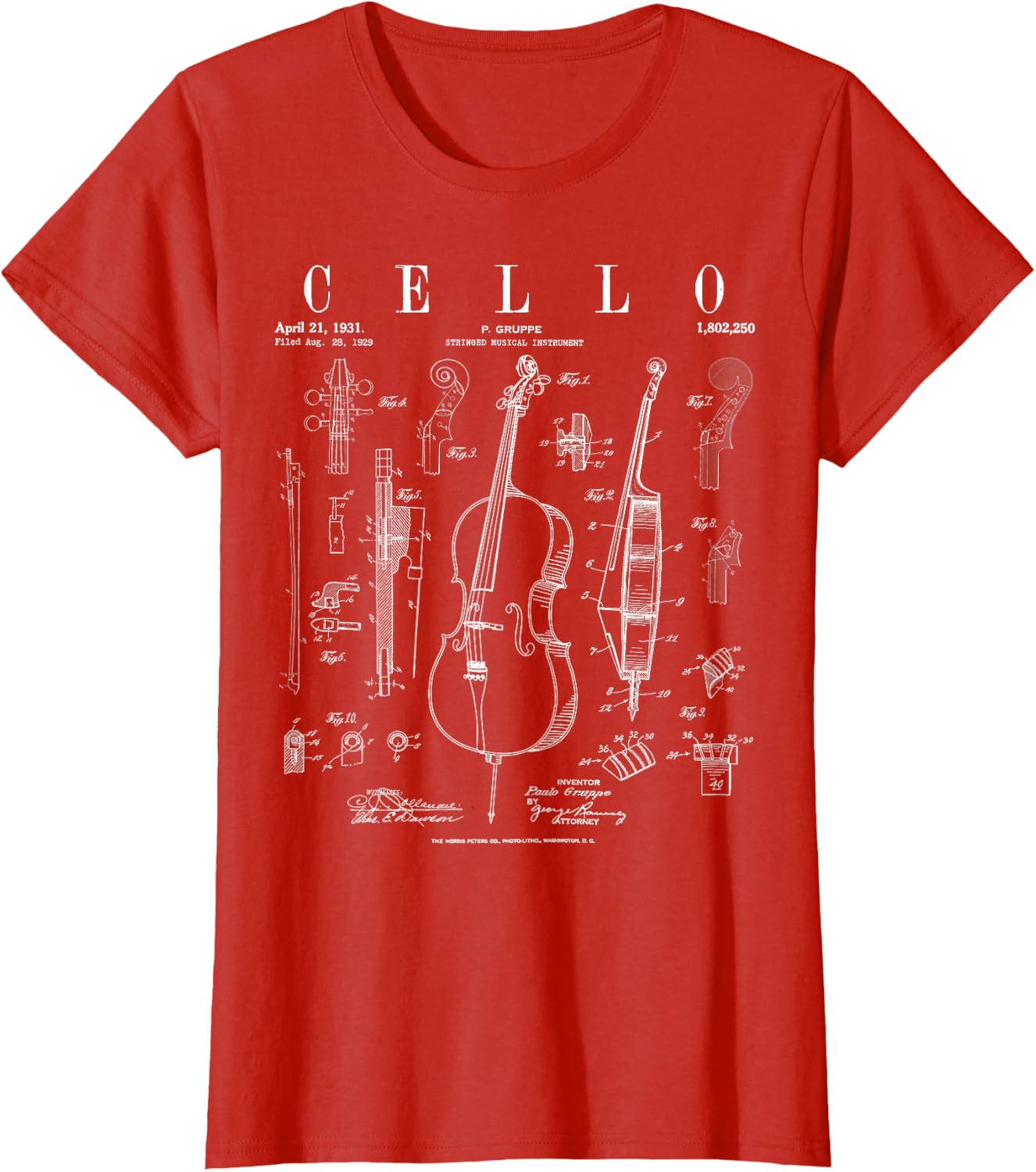 Cello Vintage Patent Cellist Drawing Print T-Shirt