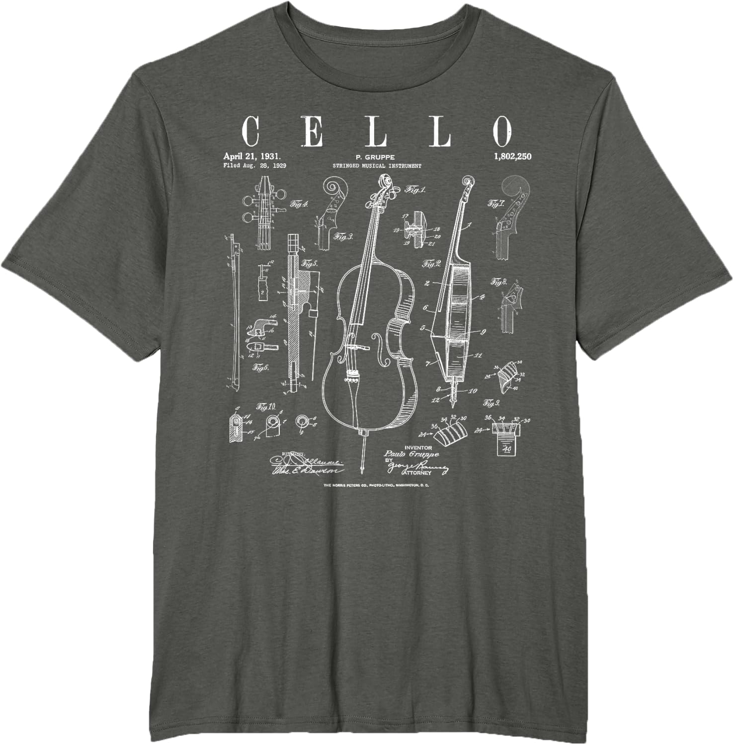 Cello Vintage Patent Cellist Drawing Print T-Shirt