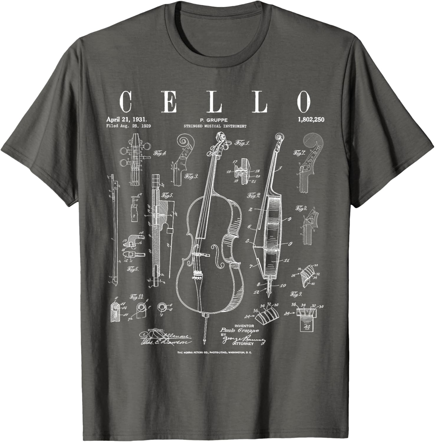 Cello Vintage Patent Cellist Drawing Print T-Shirt