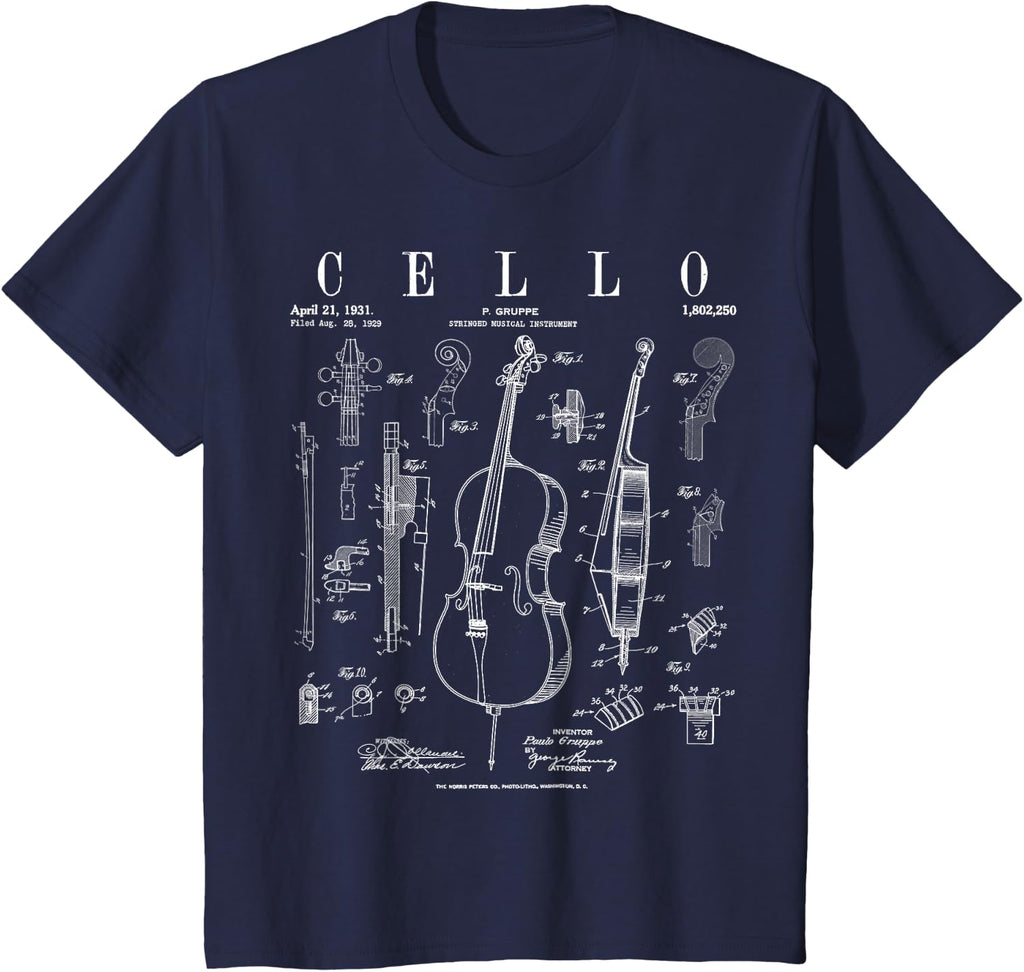 Cello Vintage Patent Cellist Drawing Print T-Shirt