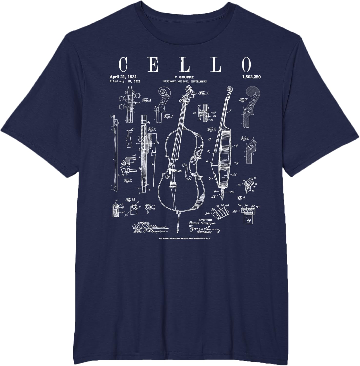 Cello Vintage Patent Cellist Drawing Print T-Shirt