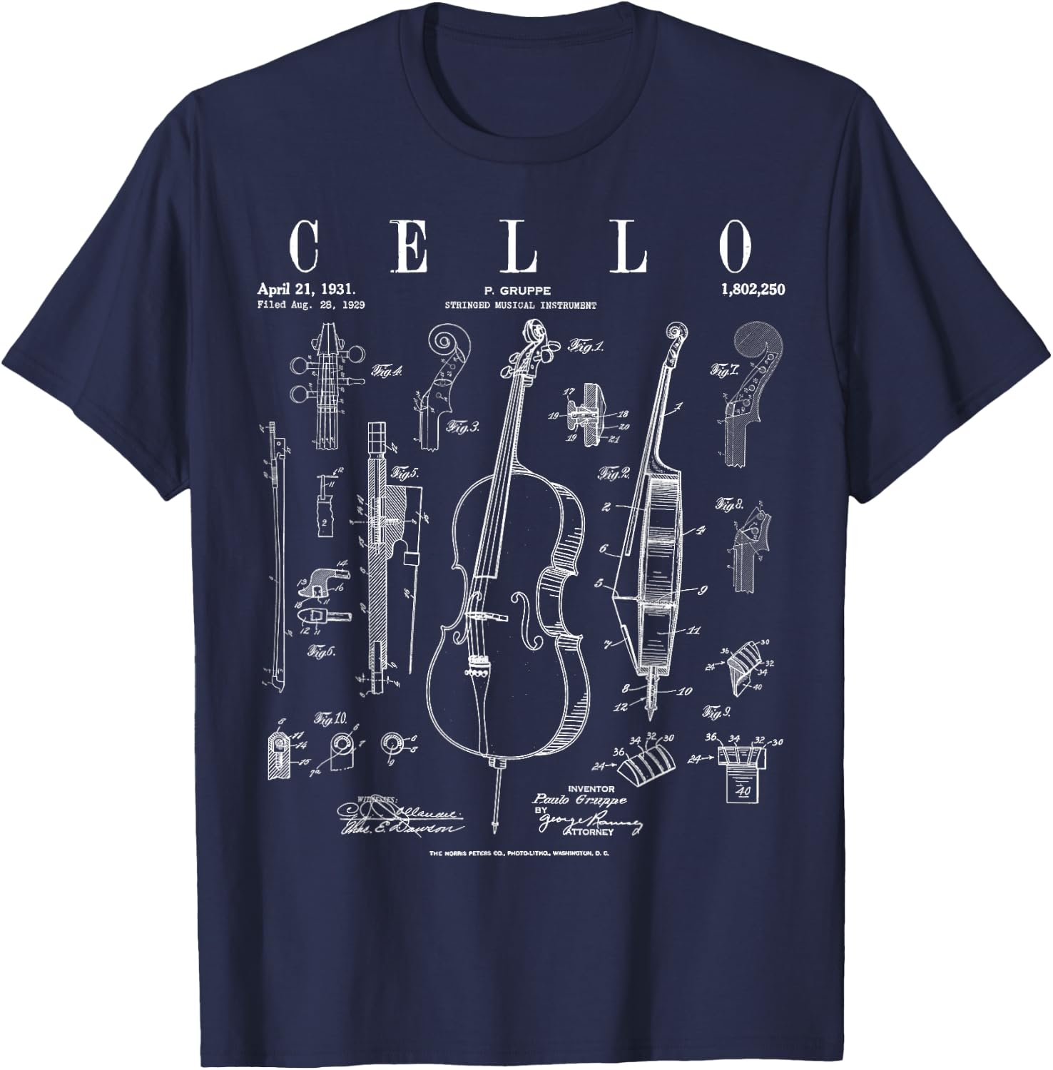 Cello Vintage Patent Cellist Drawing Print T-Shirt