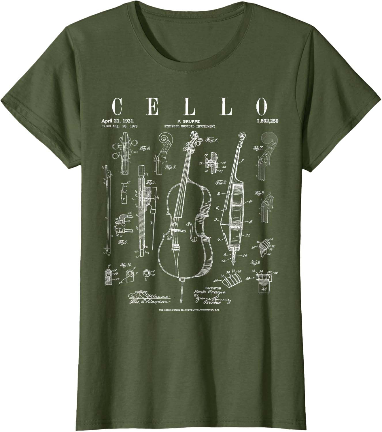 Cello Vintage Patent Cellist Drawing Print T-Shirt