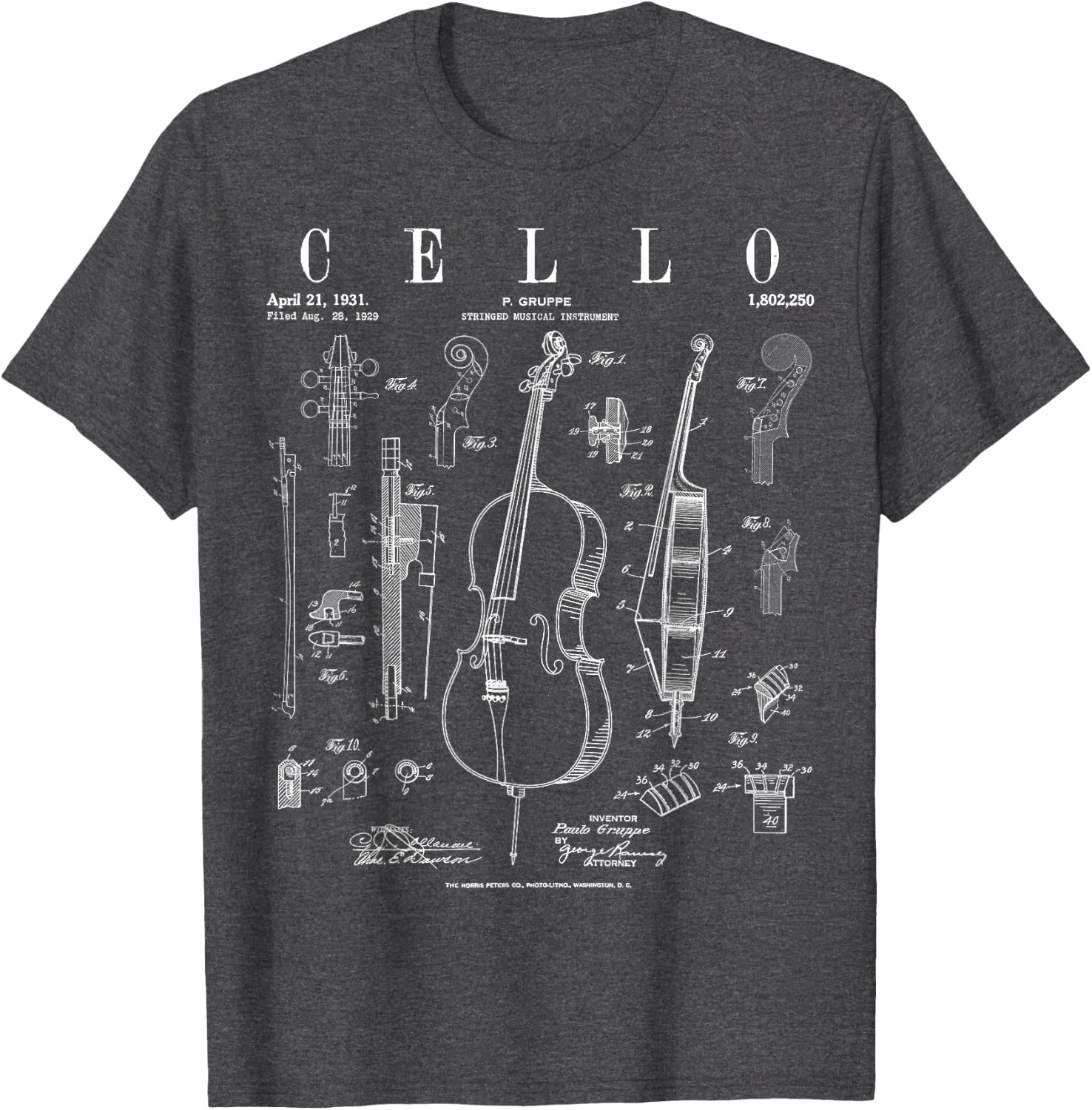 Cello Vintage Patent Cellist Drawing Print T-Shirt