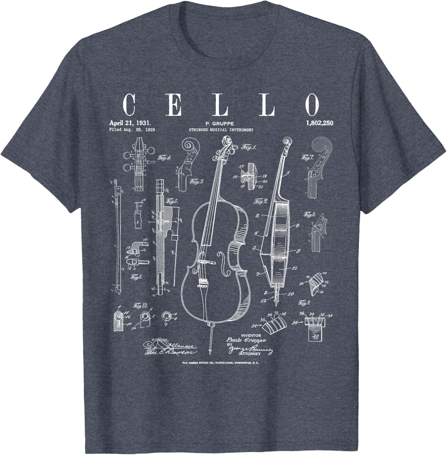 Cello Vintage Patent Cellist Drawing Print T-Shirt