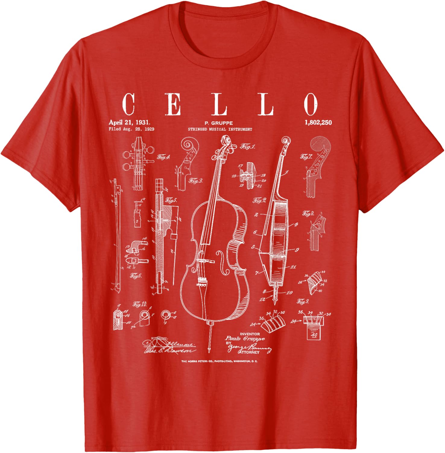Cello Vintage Patent Cellist Drawing Print T-Shirt