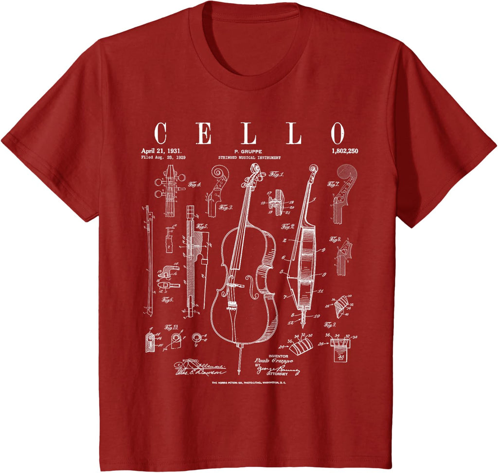 Cello Vintage Patent Cellist Drawing Print T-Shirt
