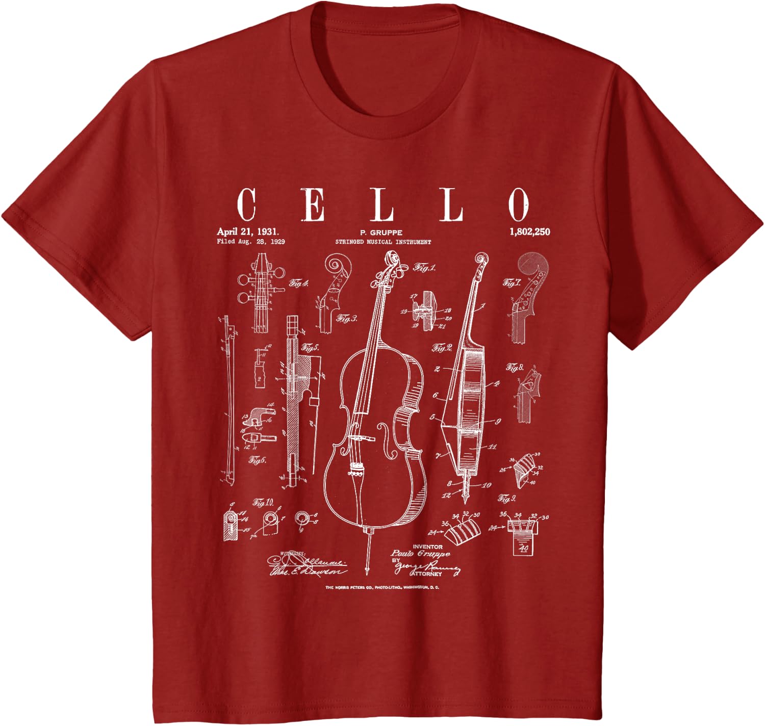 Cello Vintage Patent Cellist Drawing Print T-Shirt