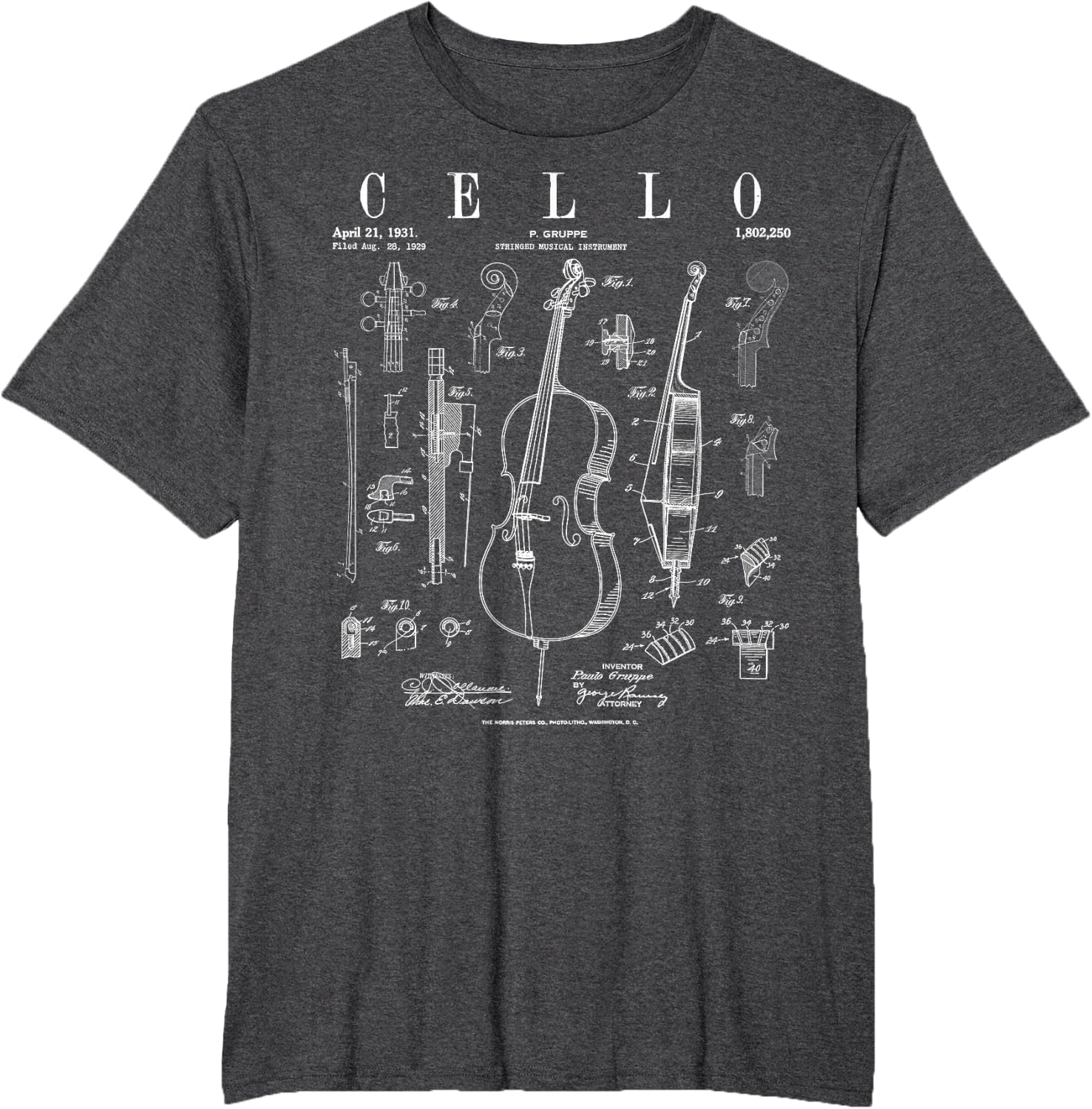 Cello Vintage Patent Cellist Drawing Print T-Shirt